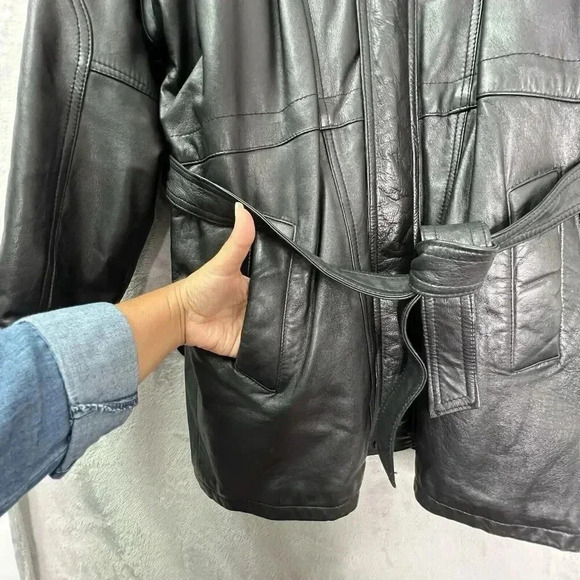 Vintage Stylish Retro Black Leather Belted Jacket Men’s Size L Made In Pakistan - Picture 5 of 16